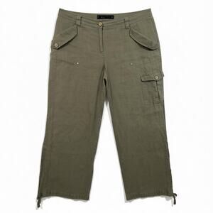 Saks Fifth Avenue Utility Linen Cargo Pants Olive Green Drawstring Hem Size M
